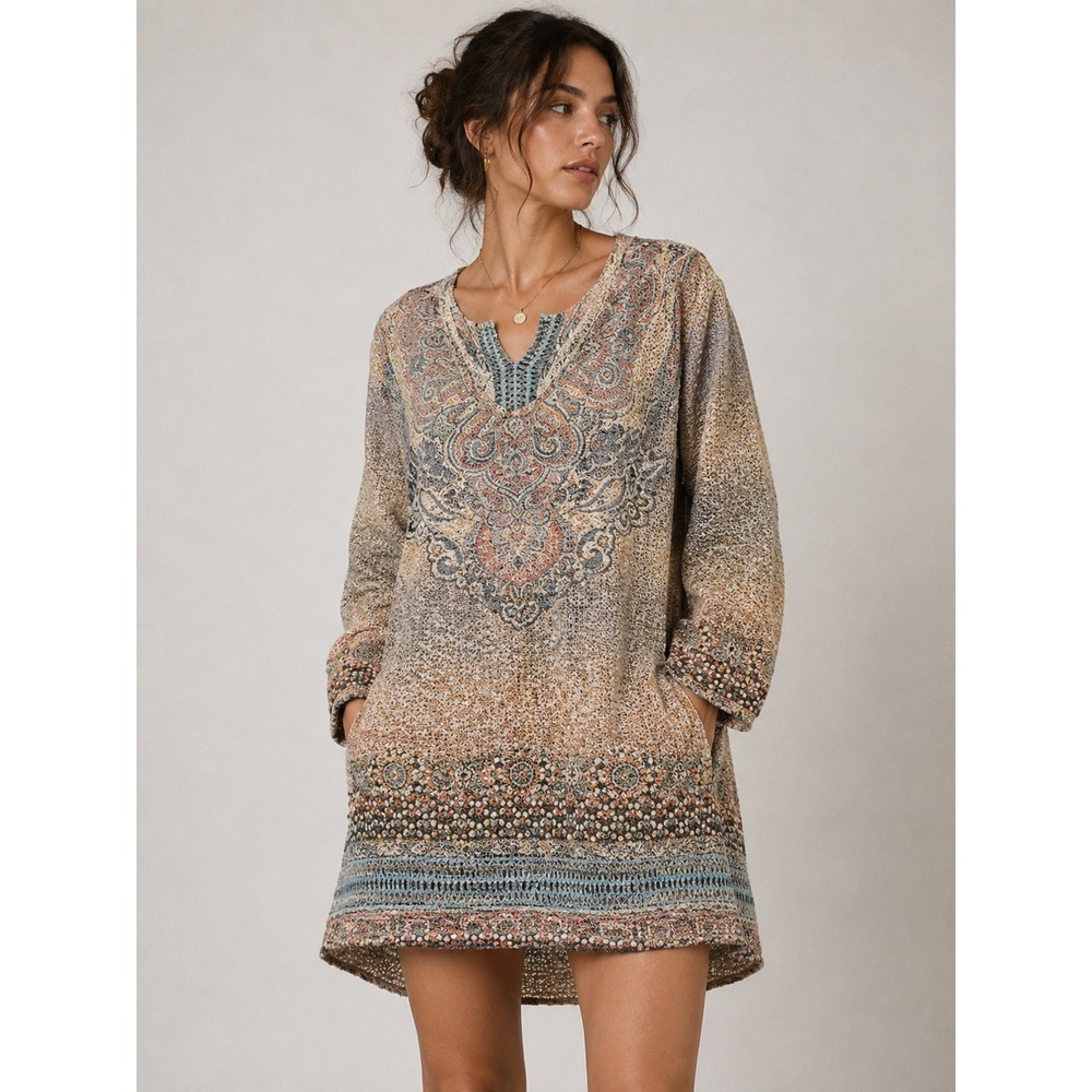 World Unity Woman Paisley Crochet Lace Tunic Top‎ Multi 0X Boho 3/4 Sleeve |E